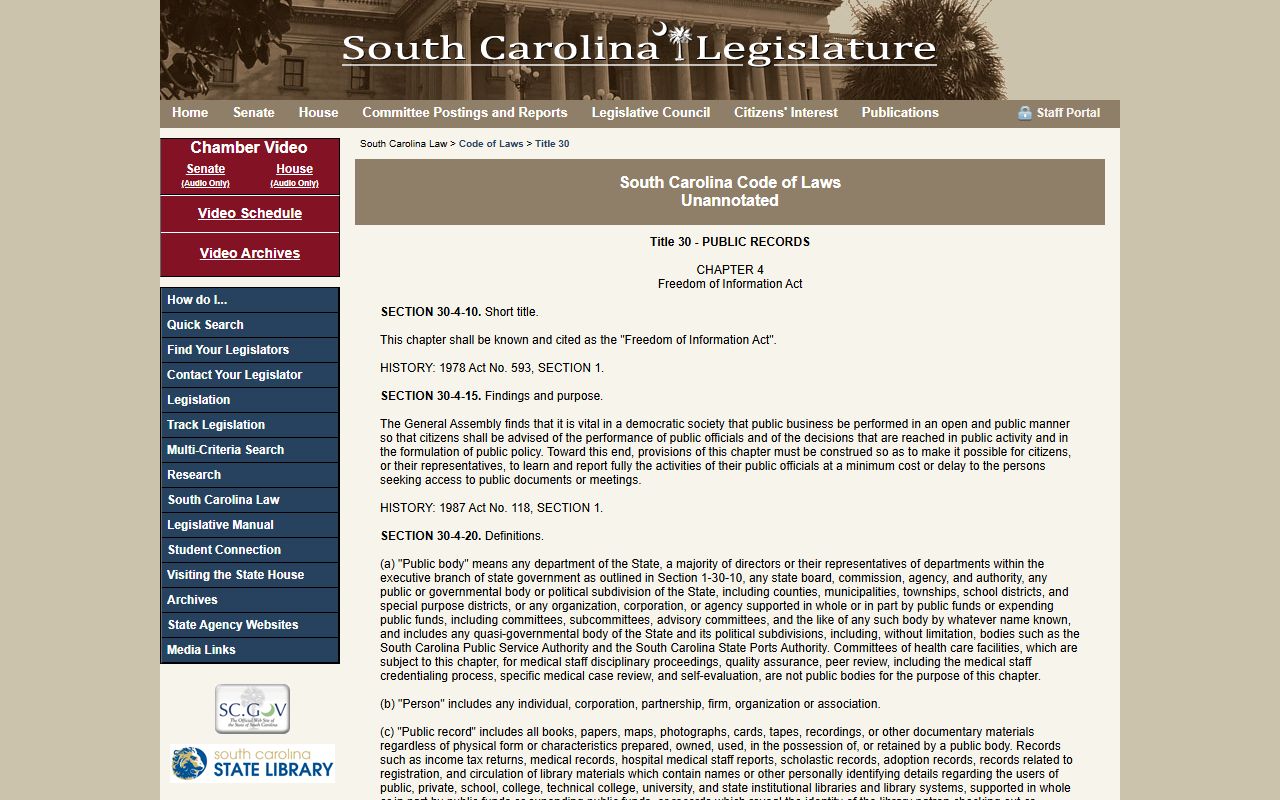 South Carolina Freedom of Information Act statute page