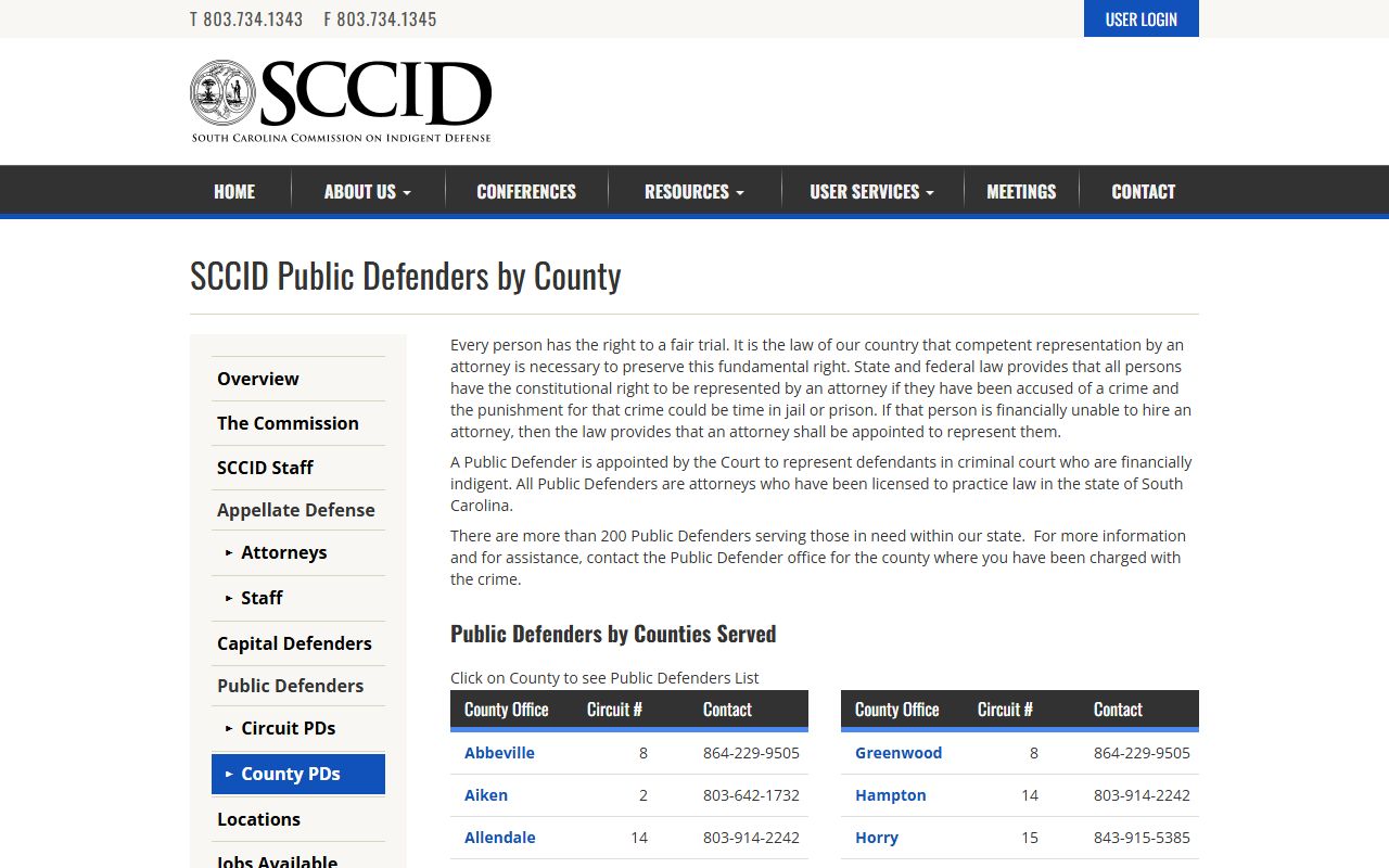 South Carolina county public defender access page