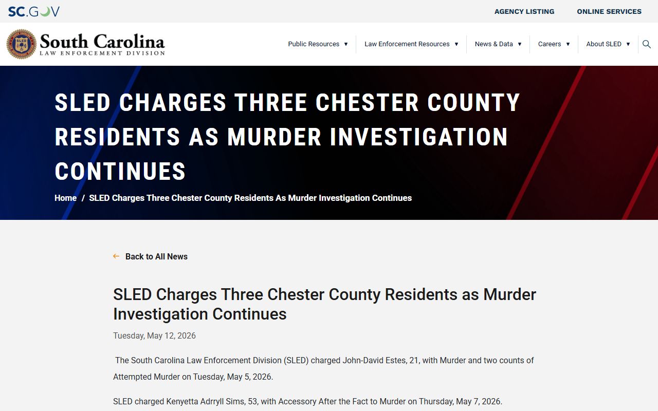 Chester County criminal court records SLED murder investigation charge update