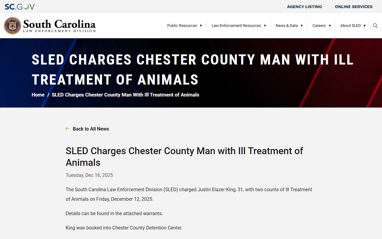 Chester County criminal court records SLED animal cruelty charge update