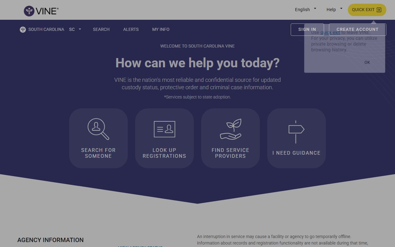 VINELink South Carolina custody notification search page