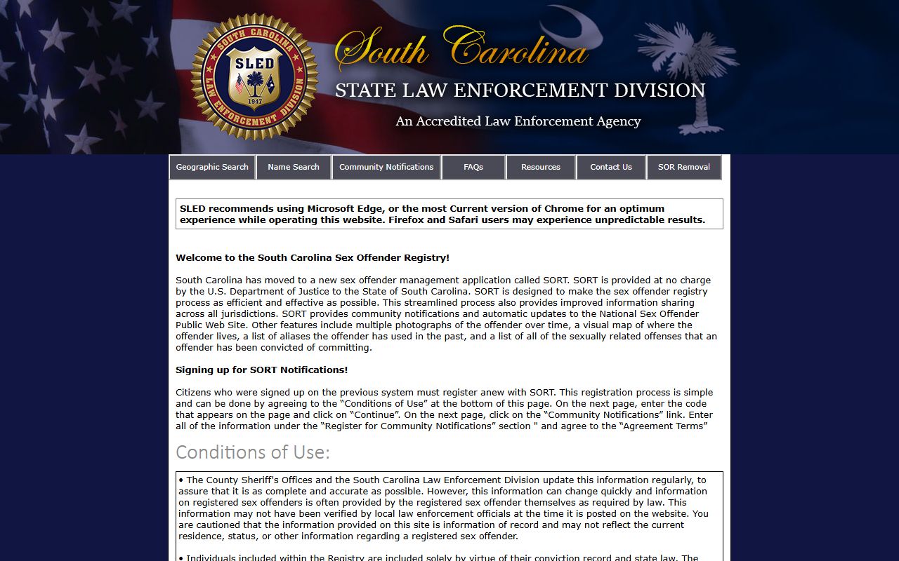 SLED sex offender registry conditions page for South Carolina