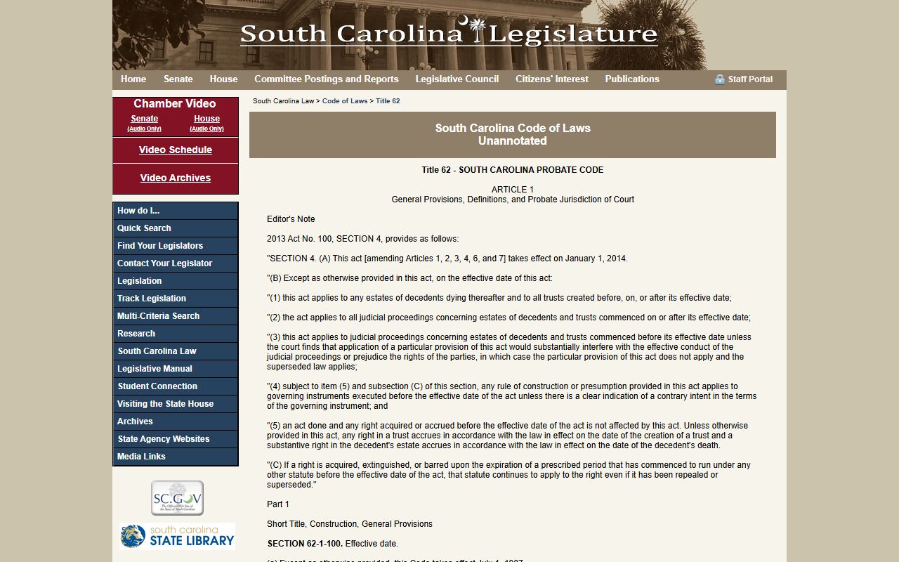 Chester County probate records South Carolina Probate Code Article 1