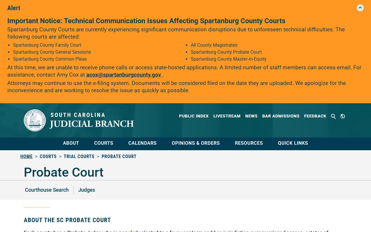 Chester County probate records SC Judicial Branch Probate Court overview