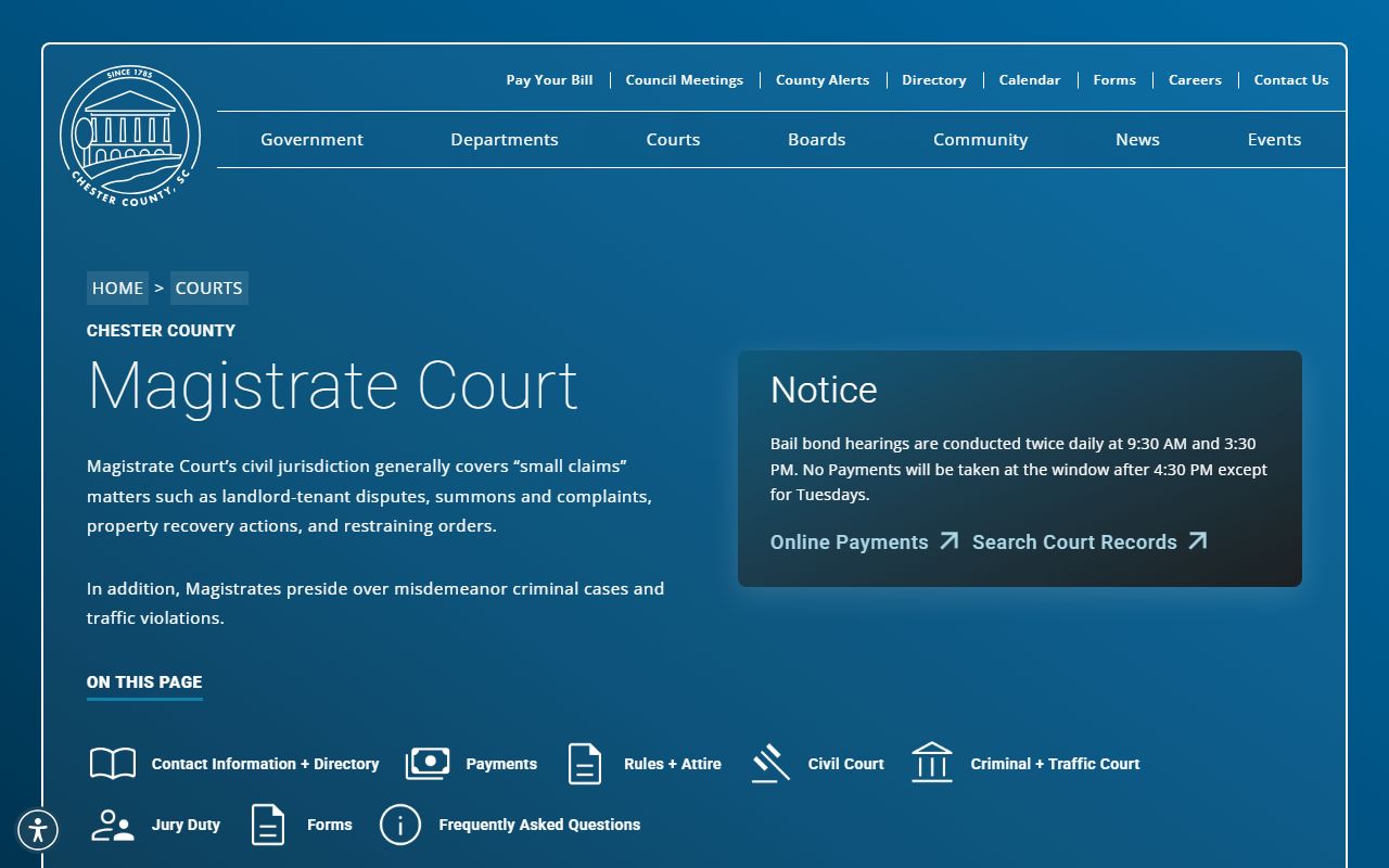 Chester County Magistrate Court page for warrants and bond court