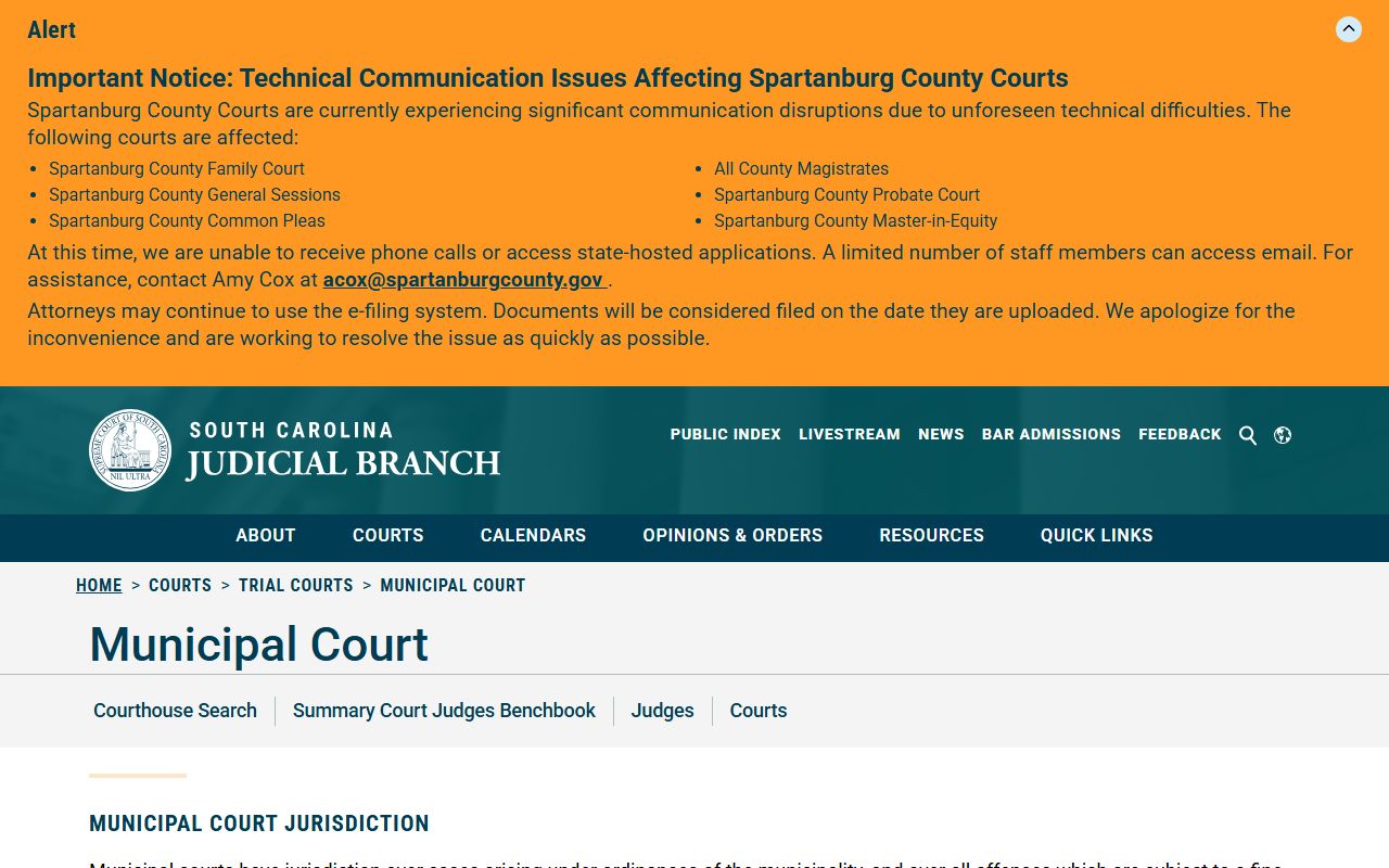 South Carolina Judicial Branch Municipal Court overview for warrant-related municipal cases